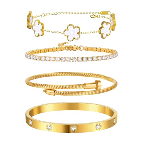 Gkaopi 4 Stück Armband Damen Gold 18K Vergoldet Vierblättriges Kleeblatt Armbänder Set Verstellbare Stapelbare Tennisarmband Cubic Zirkonia Armreif Glücksschmuck für Damen (Weiß) von Gkaopi