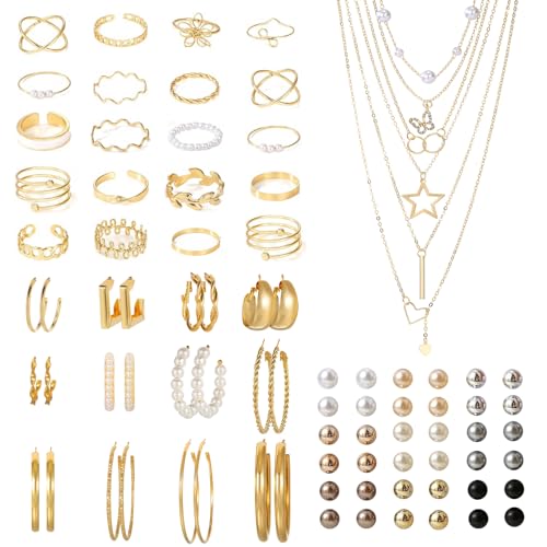Gkaopi 86 Stück Gold Schmuckset Damen mit 6 Stück Anhänger Halskette 12 Paar Huggie Ohrringe 18 Paar Ohrstecker 20 Stück Ringe Brautschmuck Set Modeschmuck Set für Frauen Mädchen von Gkaopi