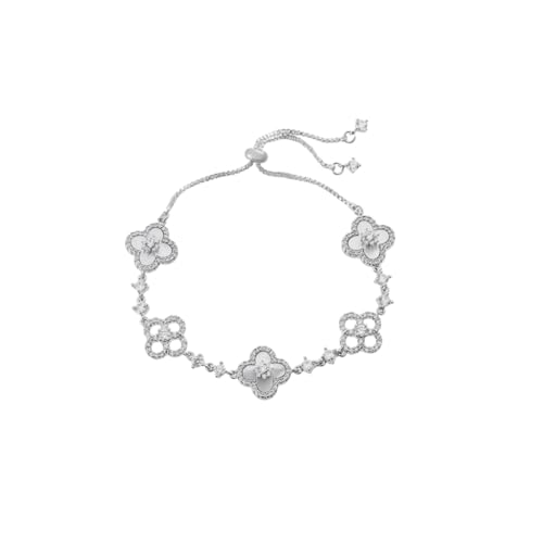Gkaopi Armband Damen 925 Sterling Silber Cubic Zirkonia Kleeblatt Glücksbringer Armbander Verstellbar Stapelbare Blumen Armschmuck Wasserfest Handmade Schmuck Geschenk (Silber, Einheitsgrösse) von Gkaopi