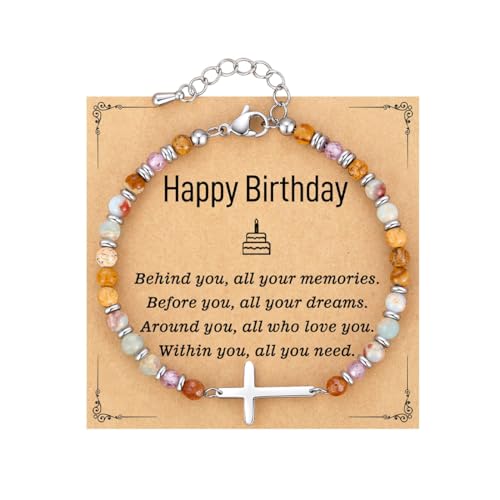 Gkaopi Armband Damen Natürlichen Heilsteine Armband 4mm Echtes Edelstein mit Kreuz-Anhänger Verstellbar Silber Edelstahl Armbänder Kristallperlenarmband mit Bedeutungskarte (birthday, Einheitsgrösse) von Gkaopi