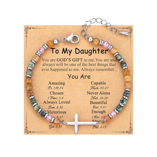 Gkaopi Armband Damen Natürlichen Heilsteine Armband 4mm Echtes Edelstein mit Kreuz-Anhänger Verstellbar Silber Edelstahl Armbänder Kristallperlenarmband mit Bedeutungskarte (daughter, Einheitsgrösse) von Gkaopi