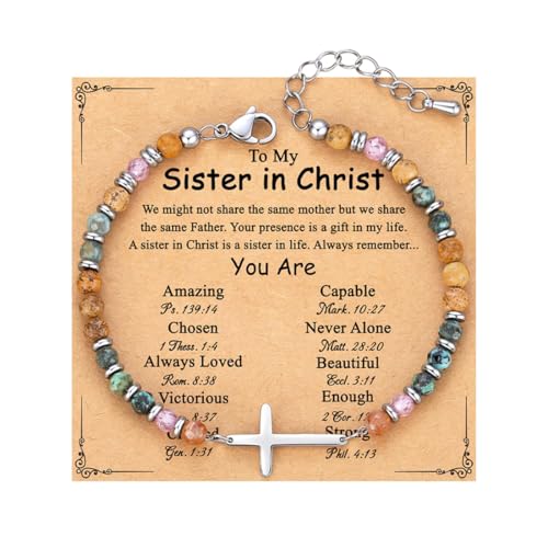 Gkaopi Armband Damen Natürlichen Heilsteine Armband 4mm Echtes Edelstein mit Kreuz-Anhänger Verstellbar Silber Edelstahl Armbänder Kristallperlenarmband mit Bedeutungskarte (sister, Einheitsgrösse) von Gkaopi