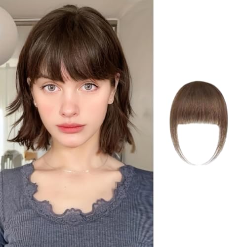 Gkaopi Clip in Pony 100% Haarteil Echthaar Clip in Bangs mit Schläfen Echthaar Fringe Bang Extension für Frauen Einteilige Perücke mit Natürlichem Pony Verlängerung Air Bangs Haarteil (Hellbraun) von Gkaopi