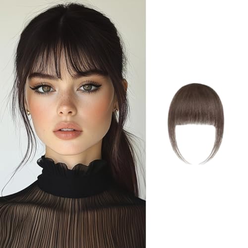 Gkaopi Clip in Pony 100% Haarteil Echthaar Clip in Bangs mit Schläfen Echthaar Fringe Bang Extension für Frauen Einteilige Perücke mit Natürlichem Pony Verlängerung Air Bangs Haarteil (Braunschwarz) von Gkaopi
