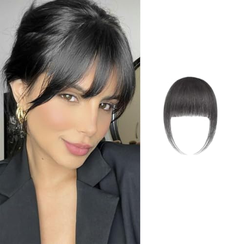 Gkaopi Clip in Pony 100% Haarteil Echthaar Clip in Bangs mit Schläfen Echthaar Fringe Bang Extension für Frauen Einteilige Perücke mit Natürlichem Pony Verlängerung Air Bangs Haarteil (Naturschwarz) von Gkaopi