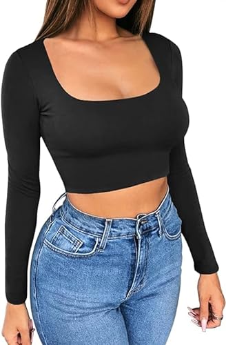 Gkaopi Damen Langarmshirt mit Quadratischem Skinny Basic Unifarben Sexy Langarm Crop Tops Lässige Mode Street Oberteile Schwarz S von Gkaopi