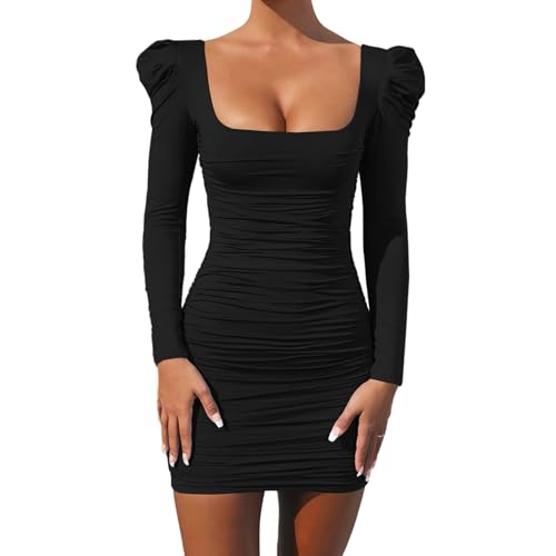 Gkaopi Damen Mini Rüschen Kleid Sexy Langarm Bodycon Elegant Kurz Wickelkleid Square Neck Cocktail Slim Fit Festliche Partykleid von Gkaopi