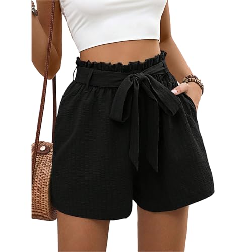 Gkaopi Damen Shorts Sommer Kurze Hose Beach Shorts mit Taschen Causal Rüschen Strandshorts Weitem Bein Elastischer Taille Tasche Shorts von Gkaopi