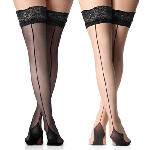 Gkaopi Halterlose Strümpfe Set mit 2Pcs Rückennaht für Damen -Spitze Hohe Oberschenkel mit Rutschfestem Silicone Sinnliche Strümpfe Damen für Valentinstag Halloween Themenpartys von Gkaopi