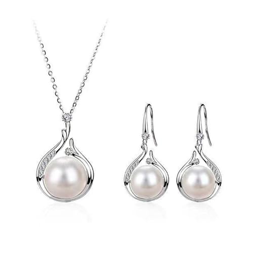 Gkaopi Nachgemachte Perlen Schmuck Set 2 Stück Perlenkette Ohrringe Set mit Cubic Zirkonia Damen Silber Schmuck Set für Hochzeit Abschlussball Party von Gkaopi