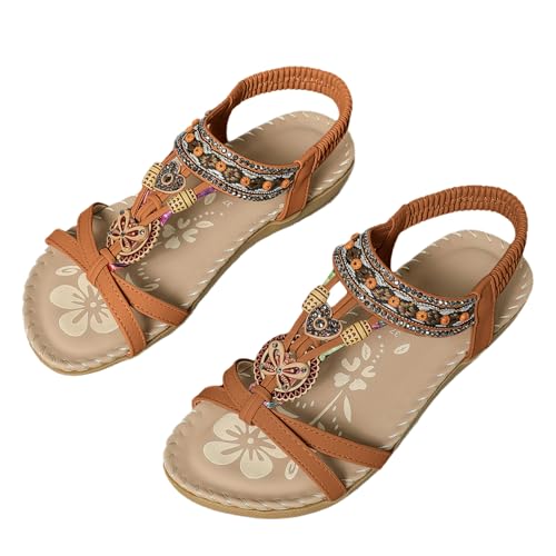 Gkaopi Sandalen Damen Sommer Flach Sandalette mit Strass Perlen Freizeit Bohemia Sandals Flach Sandalette mit Weiche Fußbett von Gkaopi