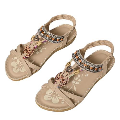 Gkaopi Sandalen Damen Sommer Flach Sandalette mit Strass Perlen Freizeit Bohemia Sandals Flach Sandalette mit Weiche Fußbett Gkaopi Sandalen Damen Sommer Flach Sandalette mit Strass Perlen Freizeit Bohemia Sandals Flach Sandalette mit Weiche Fußbett von Gkaopi