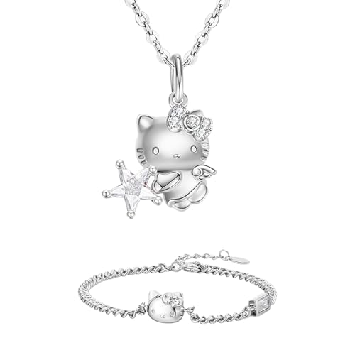 Gkaopi Schmuck Set Kinder Kette Armband 2 Stück Kinder Schmuck Geschenk Mädchen Süße Cartoon Kitty KinderSchmuck als Geburtstag Weihnacht Geschenk SET von Gkaopi
