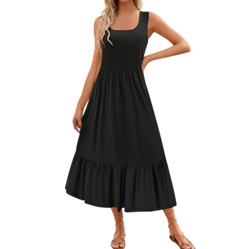 Gkaopi Sommerkleid Damen Boho Ärmellos Strandkleider Casual Quadratischem-Ausschnitt Freizeitkleid Lässige Lange Tank Kleid mit Taschen von Gkaopi