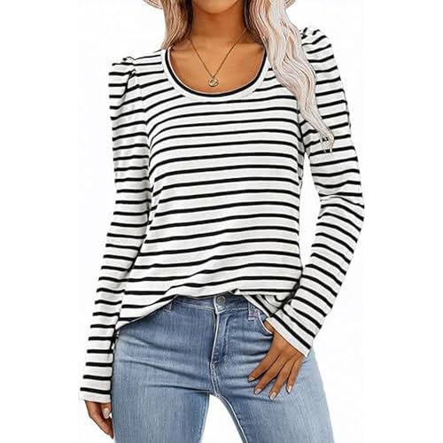 Sweatshirt Damen Gestreifter Langarm Basic Rundhals Blasenärmel Oberteil Loose Y2k Ohne Kapuze Farbblock Striped Shirt Tops Locker Lässige Oberteile XL von Gkaopi