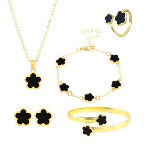 Gkaopi Vierblättriges Kleeblatt Schmuckset 5PCS 18K Vergoldet Legierung Halskette Ohrringe Armband Ring Schmuck Set für Geburtstags Valentinstag Muttertagsgeschenke für Damen und Mädchen von Gkaopi
