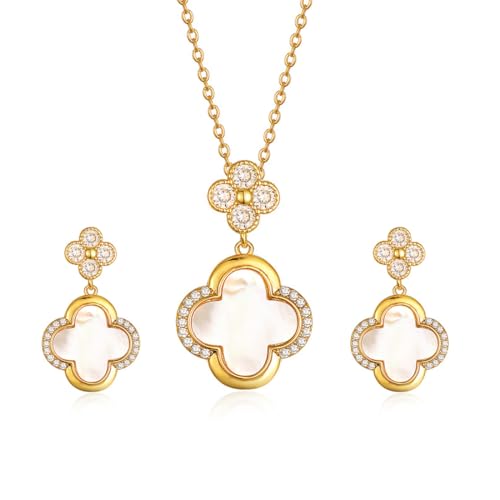 Gkaopi Vierblättriges Kleeblatt Schmuckset für Damen Gold Plated Titan Edelstahl Schwarz Weiß Glücksklee Anhänger Halskette und Ohrringe Set Hypoallergen Zierliche Schmuck Set für Mädchen von Gkaopi