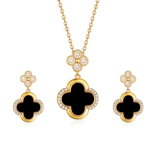 Gkaopi Vierblättriges Kleeblatt Schmuckset für Damen Gold Plated Titan Edelstahl Schwarz Weiß Glücksklee Anhänger Halskette und Ohrringe Set Hypoallergen Zierliche Schmuck Set für Mädchen von Gkaopi