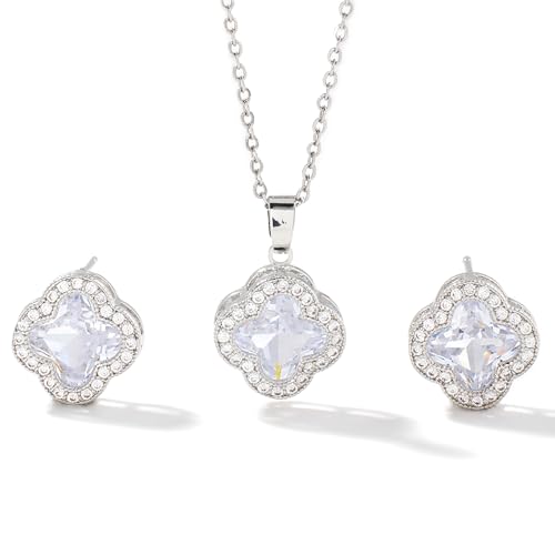 Gkaopi Vierblättriges Kleeblatt Schmuckset für Damen und Mädchen Anhänger Halskette Ohrstecker Hypoallergen Schmuck Set Verstellbarer Ketten Lucky Jewelry von Gkaopi