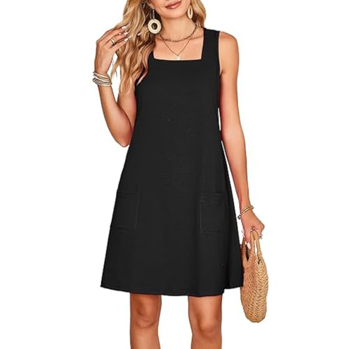 Sommerkleid Damen Ärmellose Quadrat-Ausschnitt Strandkleid Knielang Tank Kleider mit Taschen Casual A-Linie Kleid Hohe Taille Swing Mini Kleider Freizeitkleider Sommerkleid Damen Ärmellose Quadrat-Ausschnitt Strandkleid Knielang Tank Kleider mit Taschen Casual A-Linie Kleid Hohe Taille Swing Mini Kleider Freizeitkleider von Gkaopi