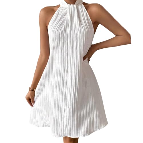 Sommerkleid Damen Knielang Elegant Kleid Kurze Strandkleider Neckholder Ärmelloses A-Linie Freizeitkleider Partykleid Cocktailkleid von Gkaopi