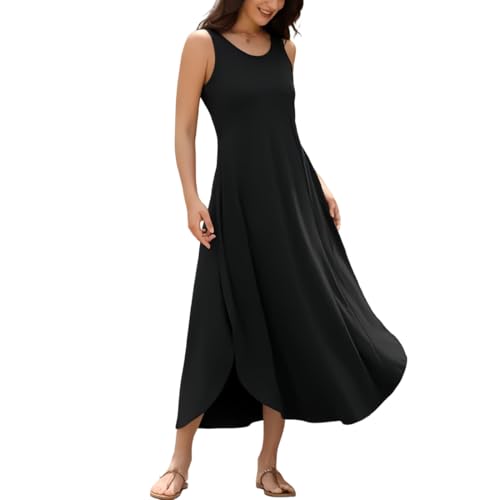 Sommerkleid Damen Lang Ärmellos Lockeres Maxikleid Lässiges Casual Rundhals Freizeitkleid Sommer Schlitz Strandkleid Boho Langes Kleid A-Linie Kleid von Gkaopi