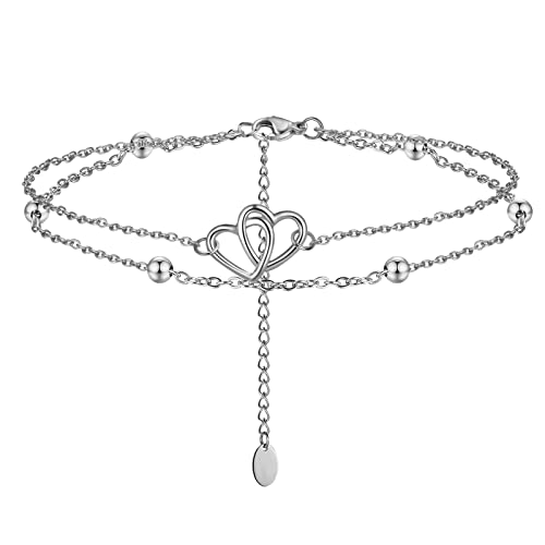 Gkmamrg Fußkettchen Damen silber herz Fußkette - Doppel Fusskettenchen Sommer Barfuß Strand Fusskette - verstellbare 22+4CM von Gkmamrg