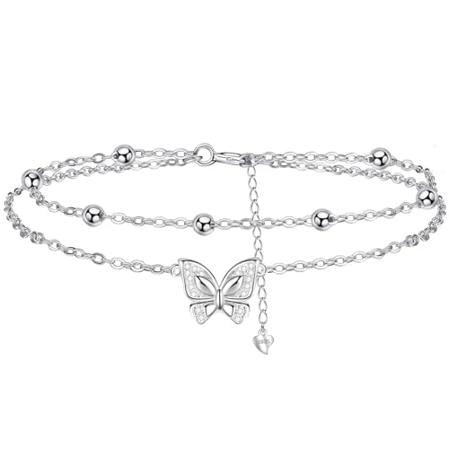 Gkmamrg Fußkettchen silber 925 damen - Schmetterling Layered Fußkette - Sommer Barfuß Strand Fusskette - verstellbare 22+4cm von Gkmamrg