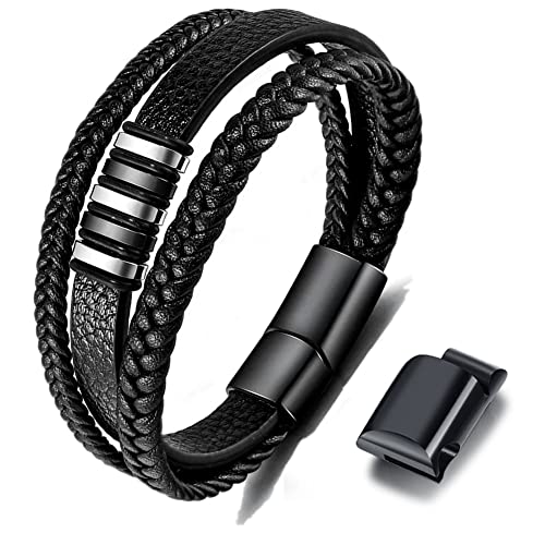 Geschenk für Männer - Herren Armband - Lerderarmband - Leder Armreif schwarz - geflochten Echtleder Breites Wickelarmband mit Magnet Verschluss von Gkmamrg