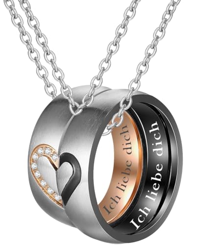 Partner Geschenke Partnerkette mit Pärchen Anhänger - Puzzle Herz Pärchen Kette mit Gravur " Ich liebe dich ", 5A Zirkonia, Breite 6MM, Rosegold Schwarz Weihnachtsgeschenke von Gkmamrg