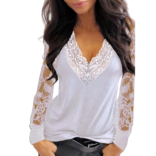 Damen Langarmshirts V-Ausschnitt Passt Komfortable Elegant Diamant Glitzer Druck Spitzen-Mesh-Nähte Sexy Modische Lässig T-Shirt Tops Frühling Langarm S-XL von Gkojhj