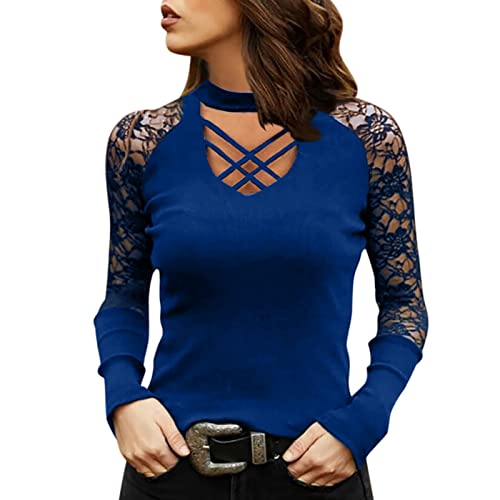 Damen Langarmshirts V-Ausschnitt Passt Komfortable Elegant Diamant Glitzer Druck Spitzen-Mesh-Nähte Sexy Modische Lässig T-Shirt Tops Frühling Langarm S-XL von Gkojhj