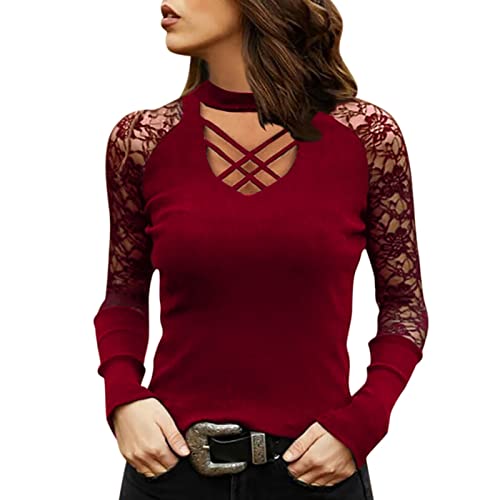 Damen Langarmshirts V-Ausschnitt Passt Komfortable Elegant Diamant Glitzer Druck Spitzen-Mesh-Nähte Sexy Modische Lässig T-Shirt Tops Frühling Langarm S-XL von Gkojhj