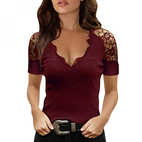 Damen Langarmshirts V-Ausschnitt Passt Komfortable Elegant Diamant Glitzer Druck Spitzen-Mesh-Nähte Sexy Modische Lässig T-Shirt Tops Frühling Langarm S-XL von Gkojhj