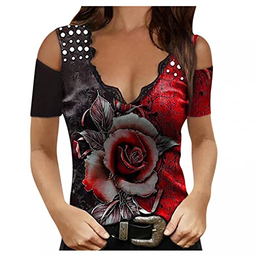 Damen Langarmshirts V-Ausschnitt Passt Komfortable Elegant Diamant Glitzer Druck Spitzen-Mesh-Nähte Sexy Modische Lässig T-Shirt Tops Frühling Langarm S-XL von Gkojhj