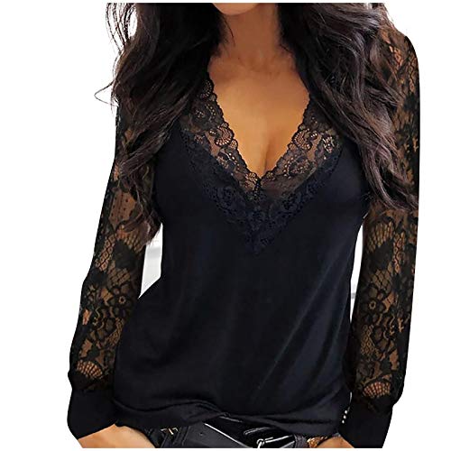 Damen Langarmshirts V-Ausschnitt Passt Komfortable Elegant Diamant Glitzer Druck Spitzen-Mesh-Nähte Sexy Modische Lässig T-Shirt Tops Frühling Langarm S-XL von Gkojhj