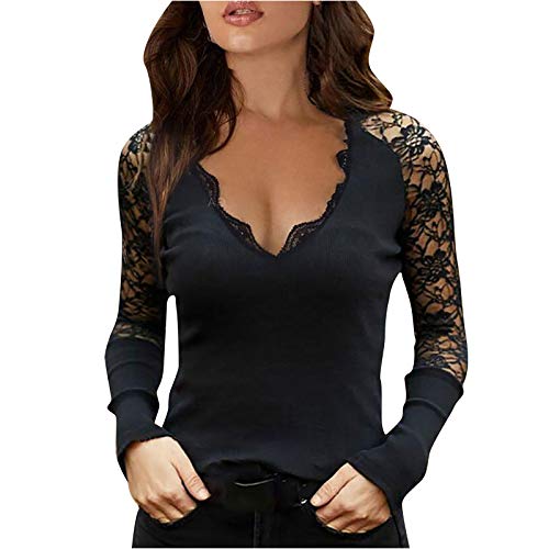 Damen Langarmshirts V-Ausschnitt Passt Komfortable Elegant Diamant Glitzer Druck Spitzen-Mesh-Nähte Sexy Modische Lässig T-Shirt Tops Frühling Langarm S-XL von Gkojhj