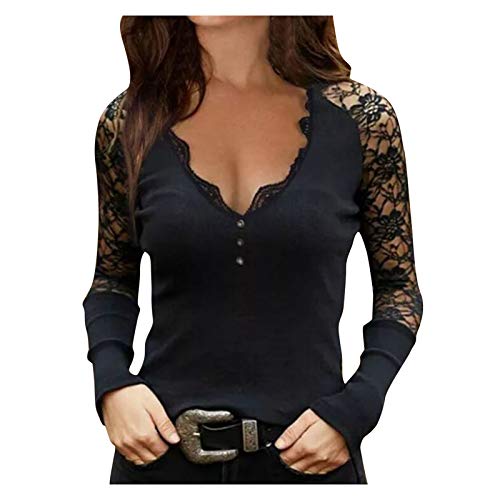 Damen Langarmshirts V-Ausschnitt Passt Komfortable Elegant Diamant Glitzer Druck Spitzen-Mesh-Nähte Sexy Modische Lässig T-Shirt Tops Frühling Langarm S-XL von Gkojhj