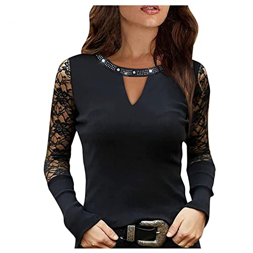 Damen Langarmshirts V-Ausschnitt Passt Komfortable Elegant Diamant Glitzer Druck Spitzen-Mesh-Nähte Sexy Modische Lässig T-Shirt Tops Frühling Langarm S-XL von Gkojhj