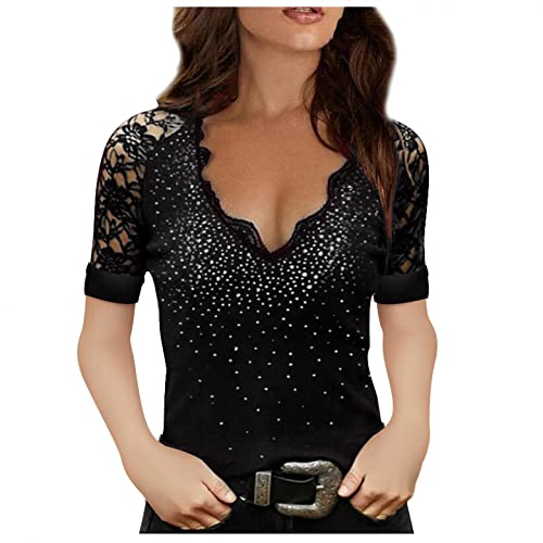 Damen Langarmshirts V-Ausschnitt Passt Komfortable Elegant Diamant Glitzer Druck Spitzen-Mesh-Nähte Sexy Modische Lässig T-Shirt Tops Frühling Langarm S-XL von Gkojhj