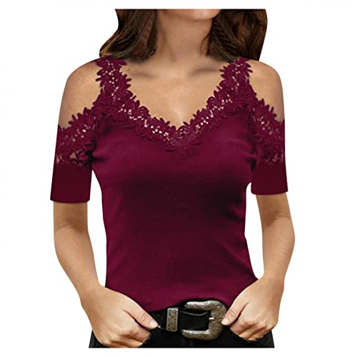 Damen Langarmshirts V-Ausschnitt Passt Komfortable Elegant Diamant Glitzer Druck Spitzen-Mesh-Nähte Sexy Modische Lässig T-Shirt Tops Frühling Langarm S-XL von Gkojhj