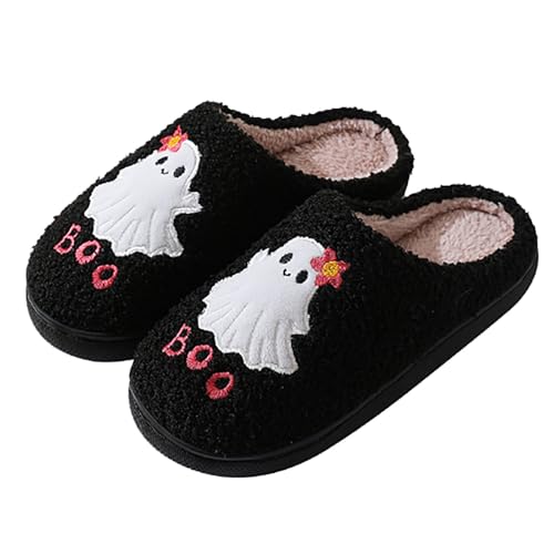 Flauschige Halloween-Hausschuhe für Damen, Memory-Schaum, Fleece, zweifarbig, leicht, atmungsaktiv, warm, weich, gemütlich, Slipper, Plüsch, Hausschuhe, bequem, Schlafzimmer, Loafer, 01Schwarz, 40 EU von Gkojhj