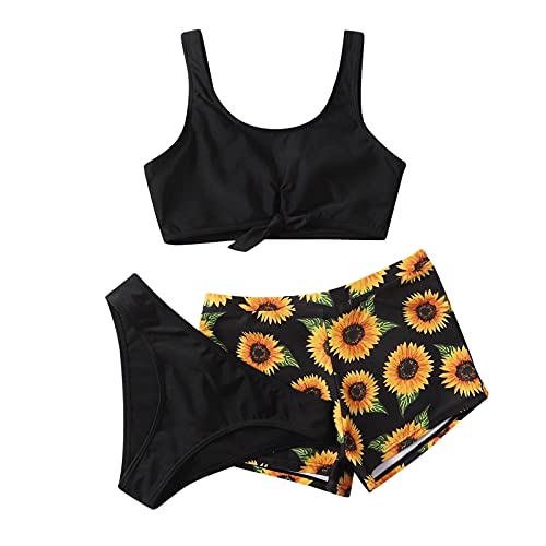 Gkojhj Bikini Mädchen 3-Teiliger Kinder Bikini Set Badebekleidung Set Tie Dye Schwimmanzug Hawaiian Rüschen Anzug Baden Schwimmen Sport Bademode Schwimmanzug Sport Set mit Shorts für 7-14 Jahre von Gkojhj