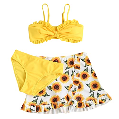 Gkojhj Bikini Mädchen 3-Teiliger Kinder Bikini Set Badebekleidung Set Tie Dye Schwimmanzug Hawaiian Rüschen Anzug Baden Schwimmen Sport Bademode Schwimmanzug Sport Set mit Shorts für 7-14 Jahre von Gkojhj