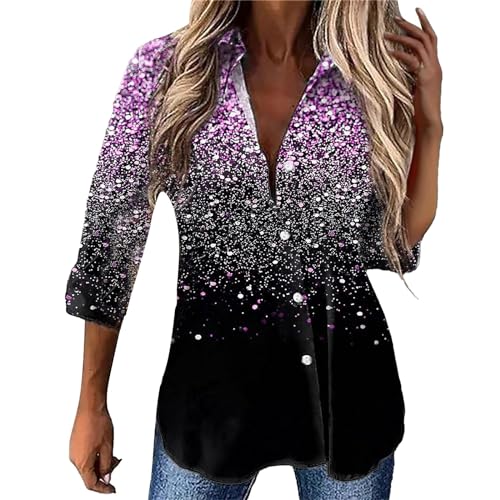 Gkojhj Pailletten Oberteil Damen Langarm, Sexy V-Ausschnitt Lässig Glitzer Langarmshirt Elegant Hemdbluse Oversize Bluse Damen Wedding Festlich Glitzershirt, Party Outfit Damen von Gkojhj