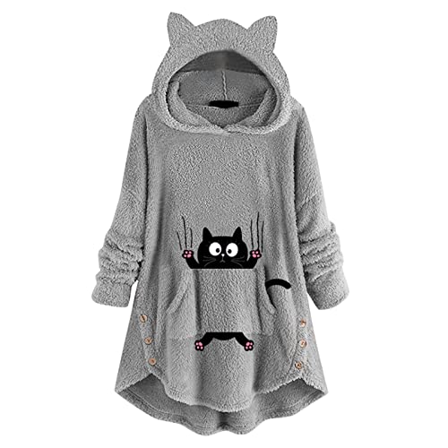 Women Pouch Katzenohr-Kapuzenpulli Mode Fleece-Hemd-Knopf niedlich Druck Langärmel Pullover Mit Katzenmotiv Damen Fleece Jacke Plüschpullover Warme Pullover Oberteile Streetwear Sport Oberteile von Gkojhj