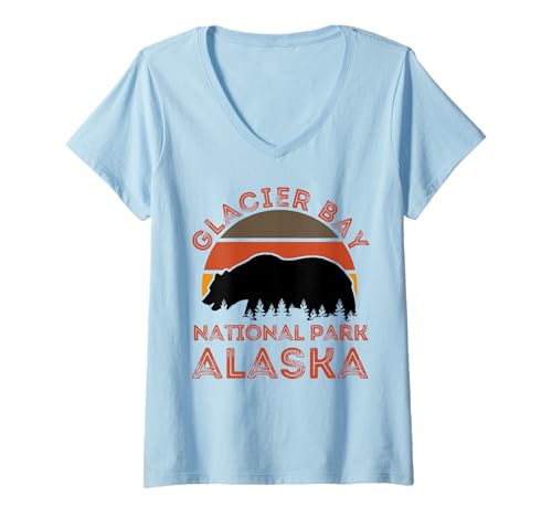 Damen Glacier-Bay-Nationalpark T-Shirt mit V-Ausschnitt von Glacier Bay National Park Alaska USA Outdoor Retro