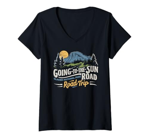 Damen Roadtrip Going-To-The-Sun Road Glacier National Park T-Shirt mit V-Ausschnitt Damen Roadtrip Going-To-The-Sun Road Glacier National Park T-Shirt mit V-Ausschnitt von Glacier National Park Going To The Sun Souvenir