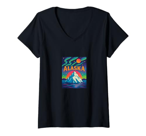 Damen Alaskas Wilderness Retro-Abenteuer im Norden Mitternachtssonne T-Shirt mit V-Ausschnitt Damen Alaskas Wilderness Retro-Abenteuer im Norden Mitternachtssonne T-Shirt mit V-Ausschnitt von Glacier Trail Outfitters Art
