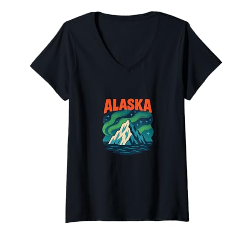 Damen Alaskas Wilderness Retro-Abenteuer im Norden Mitternachtssonne T-Shirt mit V-Ausschnitt Damen Alaskas Wilderness Retro-Abenteuer im Norden Mitternachtssonne T-Shirt mit V-Ausschnitt von Glacier Trail Outfitters Arts